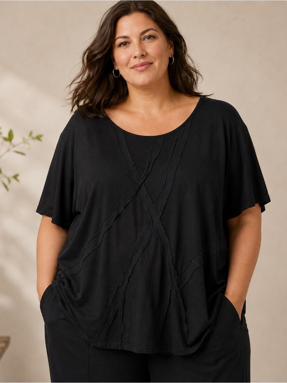 Eileen Fisher 3X Black Silk Cotton Top Relaxed Artful Seamed Tunic Minimalist